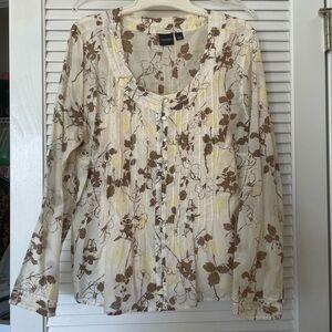 Large Cotton Silk Button Blouse Botanic Cream Tan Yellow, Feminine Spring Top